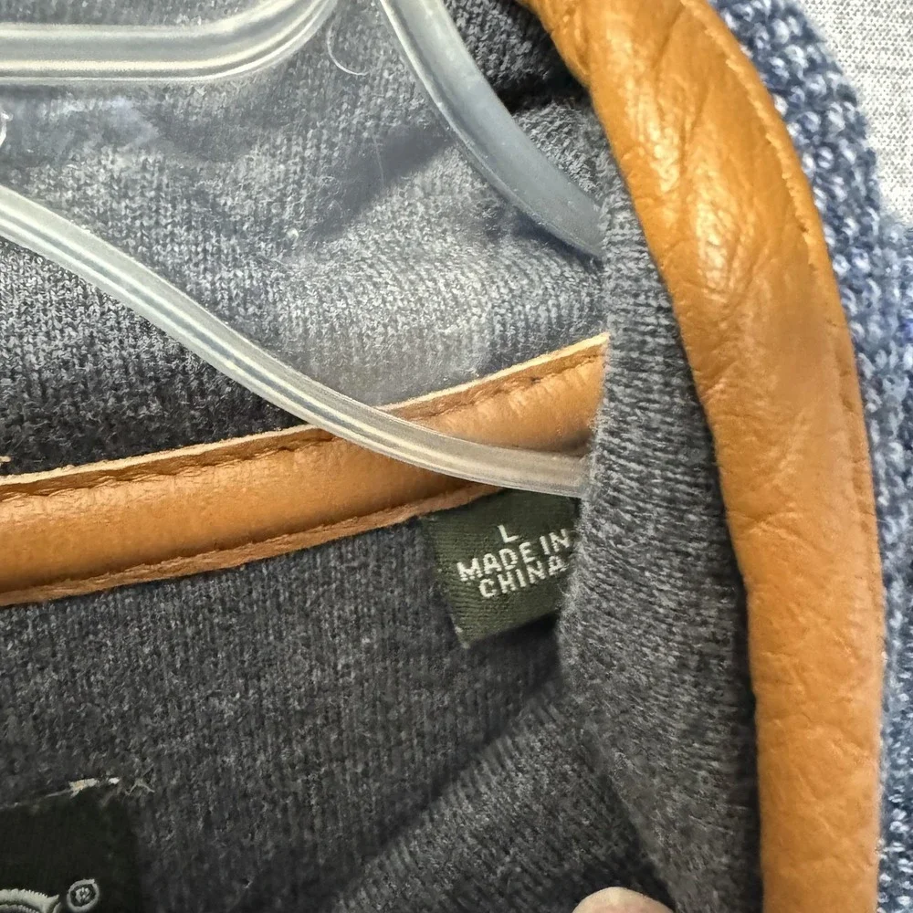 Orvis Sweater Mens Large Blue Quarter‎ Zip Mock Neck Leather Trim Elbow Patches